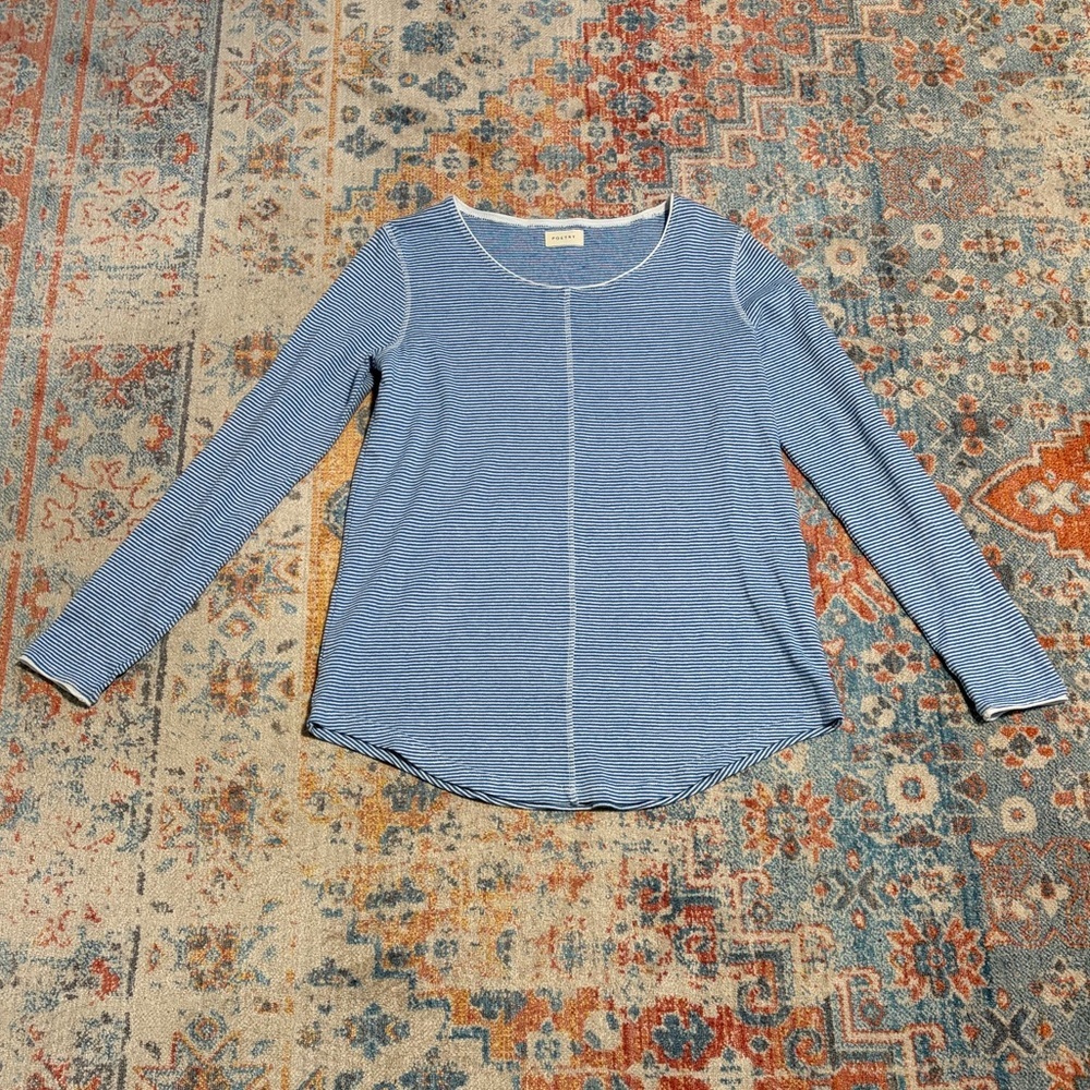 Poetry blue and white cotton-hemp long-sleeved striped blue and white top